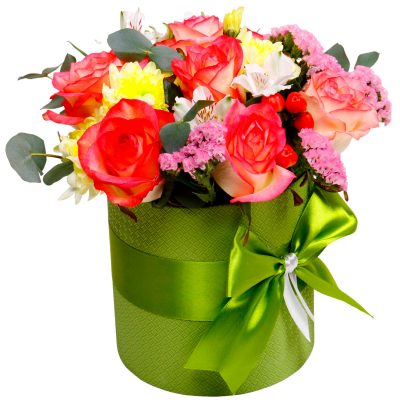 Красивый букет в шляпной коробке «Яркий момент»